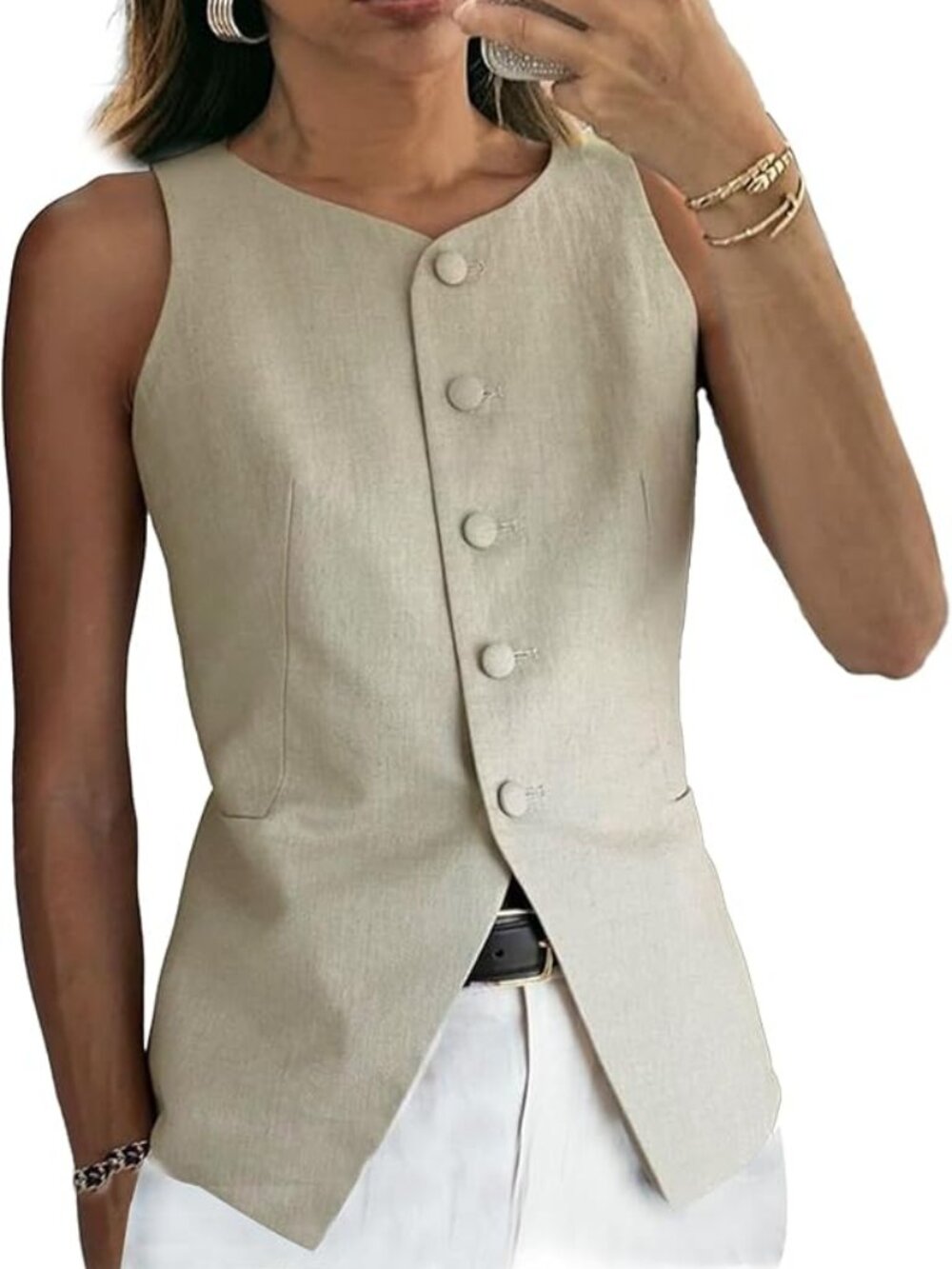 DRAHANCE Women's Linen Slim-Fit 5-Button Suit Vest Beige Flax Small New Nwt